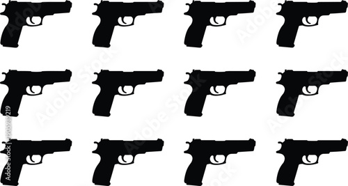 Handgun pistol silhouette set, black gun weapon icons collection for security defense and military concept, firearm illustration isolated on white background