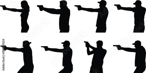 Handgun shooter silhouette set, men and woman aiming pistol in standing poses collection, police security military combat concept isolated on white background
