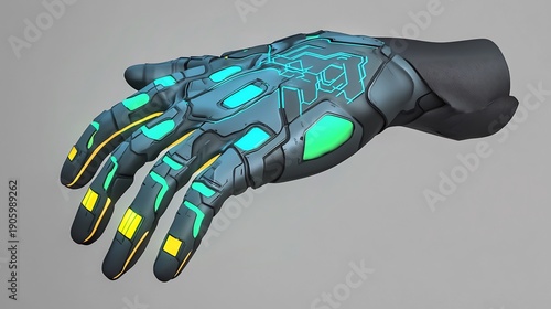 High tech glove with neon green and yellow accents on gray background