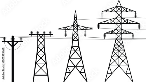 High voltage power line silhouette set, electricity transmission towers and utility poles with overhead wires, electric energy infrastructure illustration isolated on white background