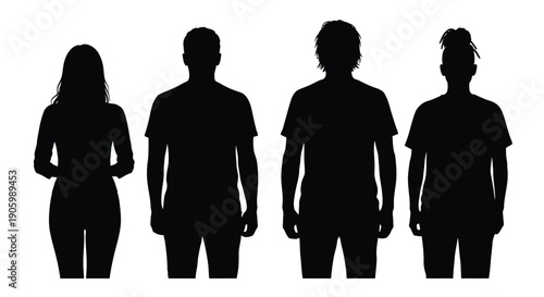 Four individuals depicted in a dark minimalist profile silhouette
