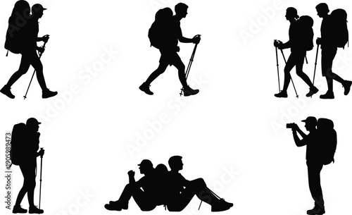 Hiking tourist silhouette set, backpacker trekking with walking sticks and photographer outdoor adventure poses, travel camping exploration concept isolated on white background