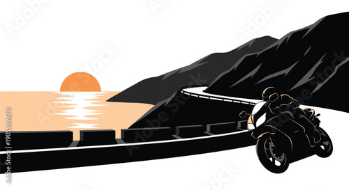 Motorcyclist riding along a coastal road at sunset silhouette