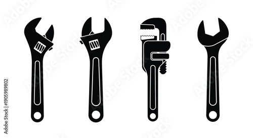 Four adjustable wrenches displayed in a striking black silhouette