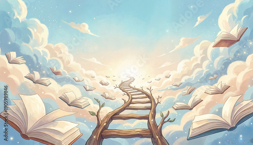 Dreamy pathway lined with floating books in a bright sky for World Book Day  