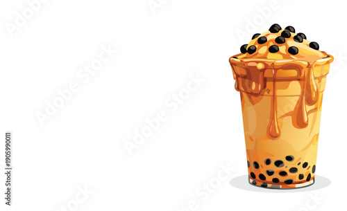 Delicious brown bubble tea with pearls and creamy foam in a tall glass.