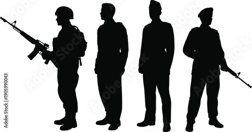Military soldier silhouette set, armed army men standing with rifles and uniform, security defense war concept, special forces illustration isolated on white background