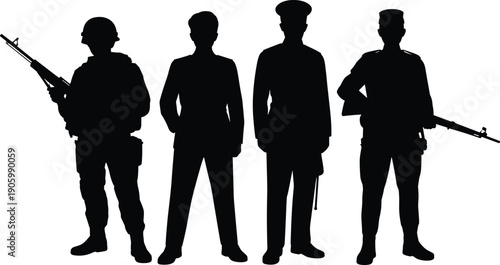 Military soldier silhouette collection, army men standing in uniform with rifles, armed forces security defense and war concept illustration isolated on white background