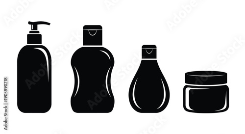Black cosmetic bottles and jar depicted in a stark silhouette