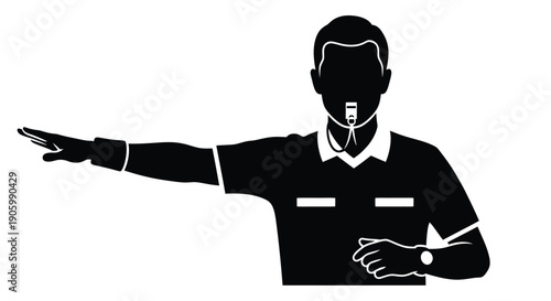 Referee signaling with hand and whistle a striking black silhouette