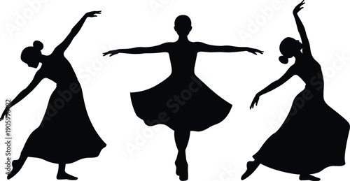 Modern dance silhouette collection, graceful women performing ballet choreography in long dresses, artistic stage performance and elegant movement concept isolated on white background illustration