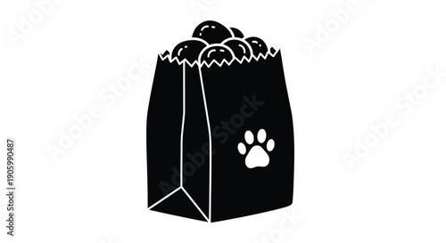 Black paper bag filled with items and paw print a striking silhouette
