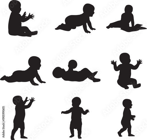 Baby Development Milestones Silhouette Set: From Crawling to Walking
