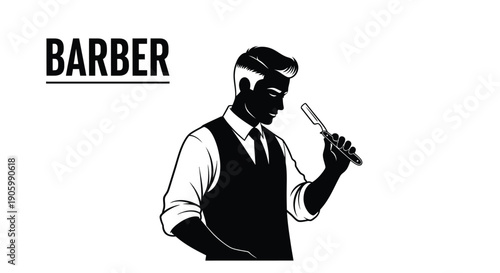 Stylish barber holding a straight razor a classic design silhouette