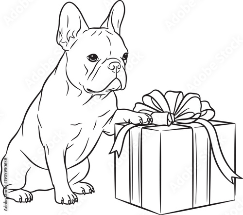 French Bulldog with Gift Box Line Art Illustration for Coloring Page