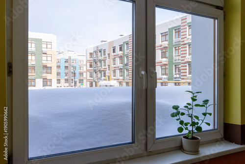 Warm apartment interior with a potted flower on the windowsill winter view outside window