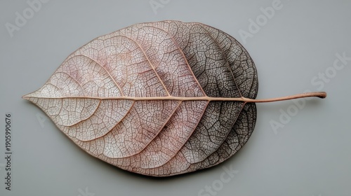 A detailed close-up of a dried leaf, showcasing its intricate network of veins against a muted neutral background.