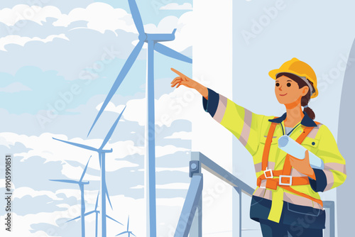 Female engineer pointing at wind turbines on a cloudy day.