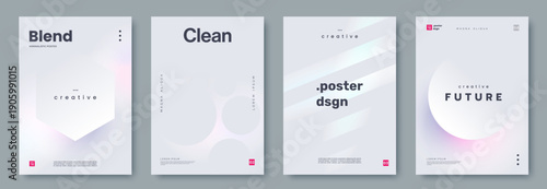 Set of modern minimalist poster designs with soft holographic gradients, abstract geometric shapes, and clean typography. Ideal for branding, banner, advertising, presentations, covers