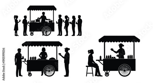 Street food vendors and customers depicted in a black silhouette