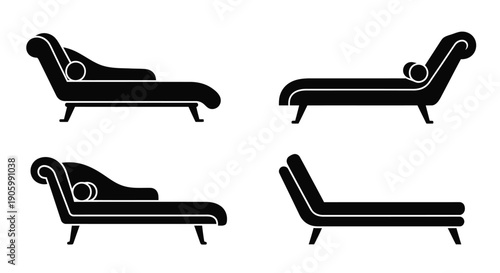 Four black chaise lounge chair designs in a minimalist silhouette