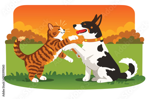 A playful dog and a cat interacting in a green garden.