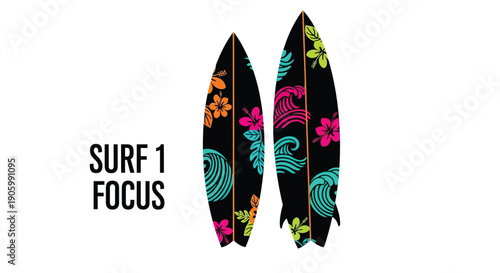 Two surfboards with floral designs and text a striking silhouette