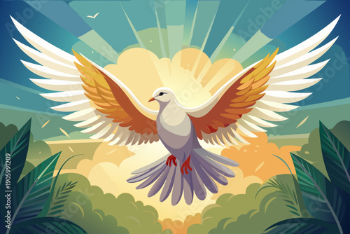 Winged dove in graceful flight with open wings and copy space symbolizing the Holy Spirit from the New Testament serene spiritual composition soft light