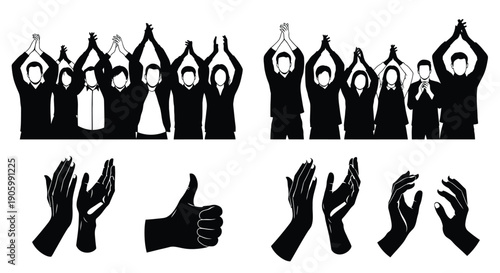 Group of people with raised hands and gesturing poses a black silhouette