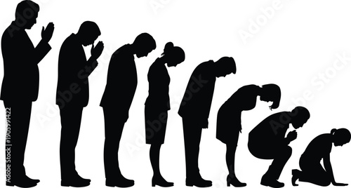 People praying silhouette set, men and women in different prayer positions standing bowing kneeling, religion worship meditation concept illustration isolated on white