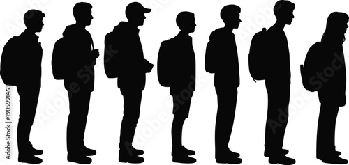 People standing in line silhouette with backpacks, travelers waiting in queue isolated on white background for transportation, airport and travel concept