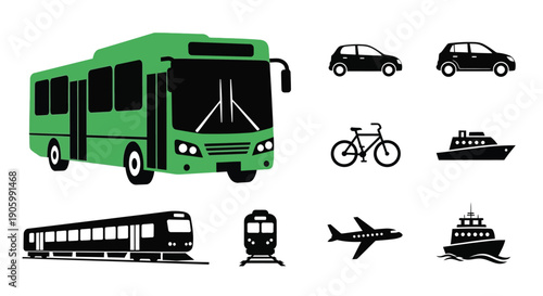 Various transportation modes depicted in a flat vector illustration silhouette