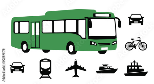 Green bus and various transportation modes in flat design silhouette