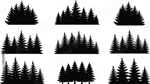 Pine tree forest silhouette set, black evergreen woodland landscape collection for nature camping and winter scenery design, isolated on white background