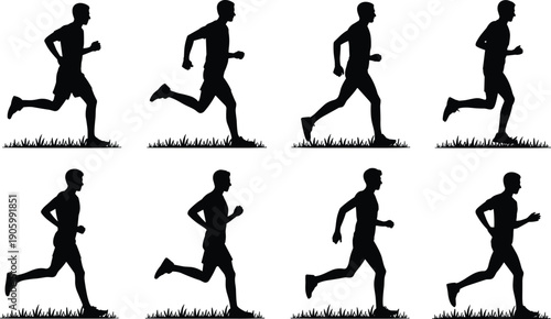 Running man silhouette set, athlete jogging and sprinting poses collection, fitness workout and marathon training concept, black runner illustration isolated on white