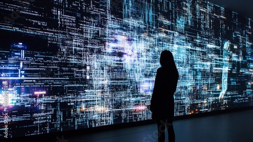 Woman views massive city digital mural at night with blue glowing data visualization