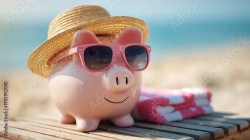 Piggy bank with sunglasses and straw hat on beach table.