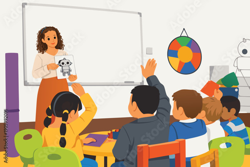 School children participating in a classroom lesson with a teacher.