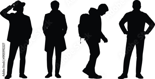 Set of male silhouette standing poses, businessman and traveler character collection, black human figure shadows isolated on white background for design use