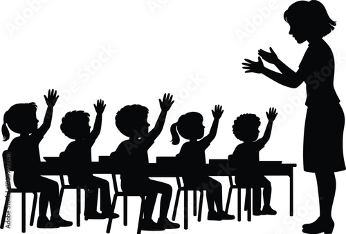 Silhouette of female teacher clapping and teaching in classroom, children students sitting at desks raising hands, preschool education learning concept illustration