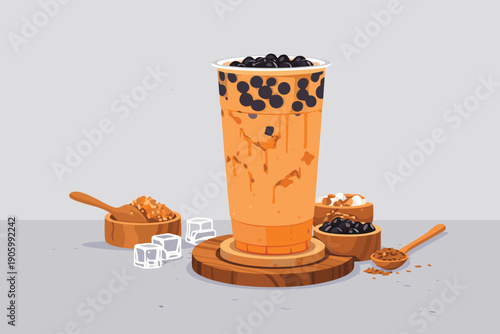 Refreshing iced bubble tea with cream on a wooden board.