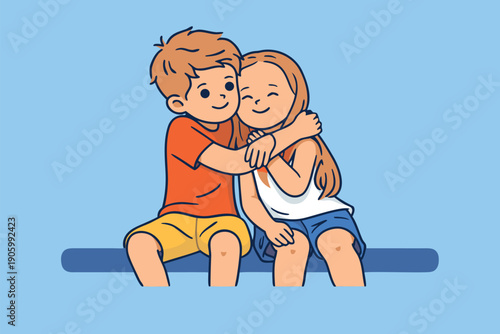Two young siblings sitting together and hugging with affection.