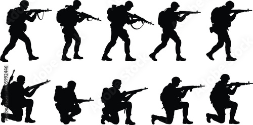 Soldier silhouette set in combat poses, armed military men aiming rifles standing and kneeling, tactical army special forces war action illustration