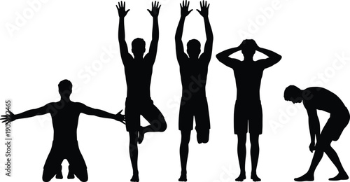 Sport fitness silhouette set, male athlete doing stretching and workout poses, exercise training body movement collection isolated on white background illustration