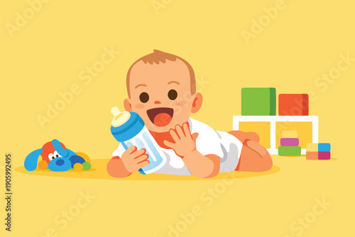 Cute baby crawling on the floor with toys and a milk bottle.