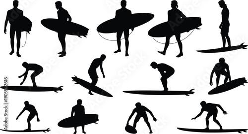 Surfer silhouette collection with surfboard, men and women standing carrying paddling and riding waves, surfing sport action poses, summer beach illustration