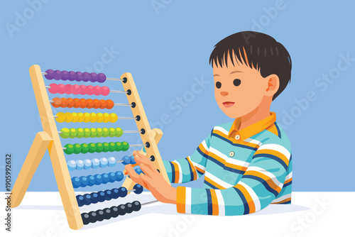Young boy using a colorful abacus for math learning.