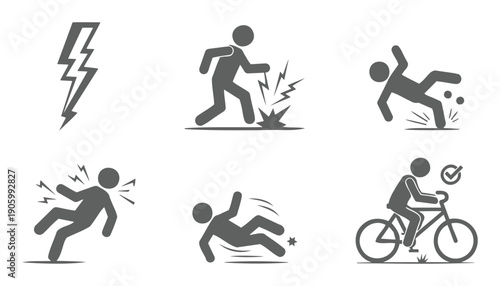 Safety hazards and prevention silhouette icons covering electricity falls and cycling