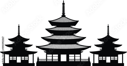 Traditional Japanese pagoda temple silhouette, ancient Asian architecture landmark with multi tier roofs, oriental shrine building illustration isolated on white background