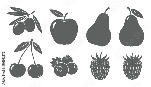 Stylized fruit and berry silhouette illustrations in a decorative food collection